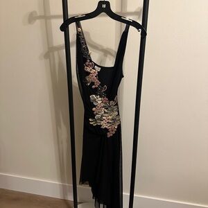 Ema Savahl - Chic Asymmetrical Black Dress with Floral Accents